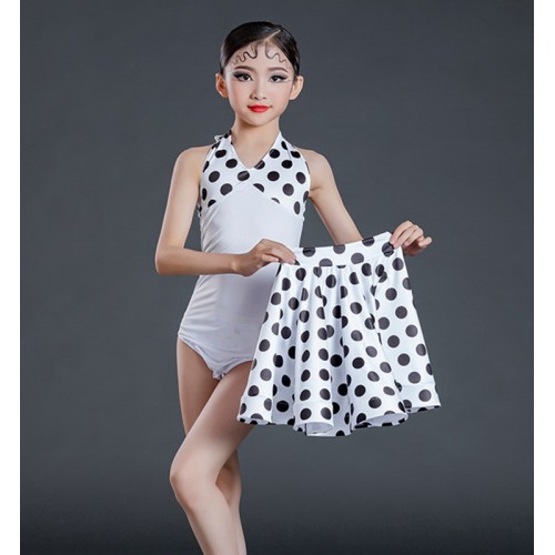 White with black polka dot latin dance dress for kids girls halter neck latin dance costumes ballroom salsa modern dance outfits for children